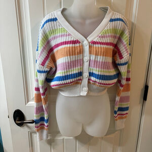Women's Jessica Simpson Striped Cropped Cardigan L White Multicolor Cotton Blend